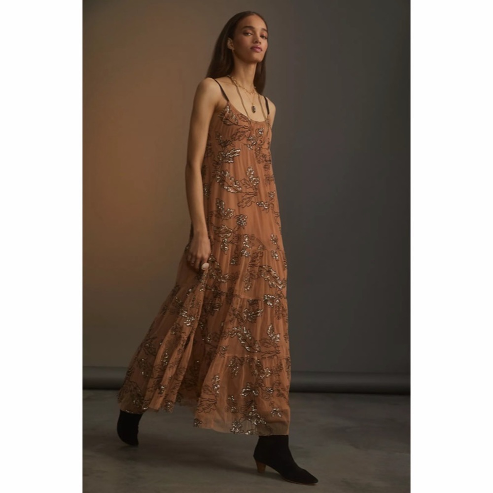 Anthropologie Sequined Tulle Midi Dress Mesh Tiered Tan Womens Size M Petite